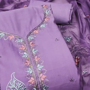 Lavender Dress Material In Cotton Silk With Floral Embroidery & Sequin Accents