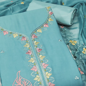 Turquoise Dress Material In Cotton Silk With Floral Embroidery & Sequin Accents