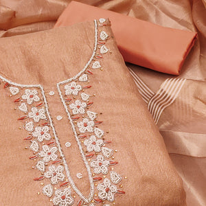 Peach Shimmer Cotton  Pure Cotton Dress Material With Intricate Moti & Stones Handwork