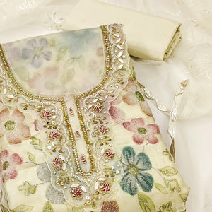 Light Yellow Delight Floral Printed With Moti & Sequins Handwork Viscose Dress Material