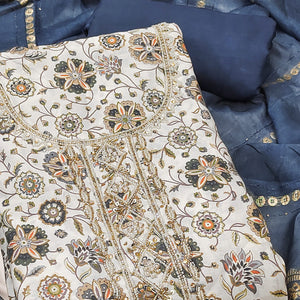 Grey Floral Printed Roman Cotton Silk Dress Material With Intricate Moti & Sequins Handwork