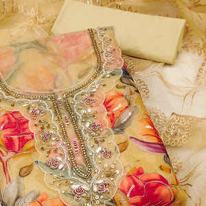 Chikoo Bloom Charm With Floral Print & Delicate Sequins & Moti Handwork Dress Material