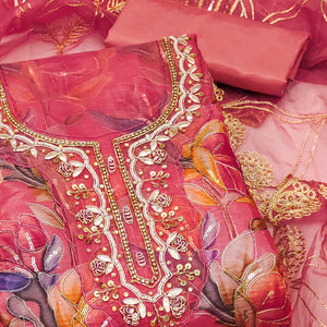 Gajri Pink Bloom Charm With Floral Print & Delicate Sequins & Moti Handwork Dress Material
