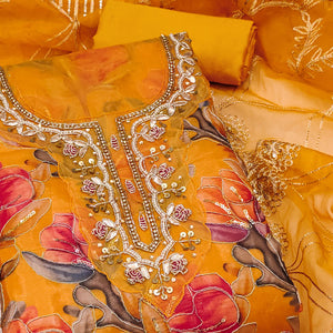 Mustard Bloom Charm With Floral Print & Delicate Sequins & Moti Handwork Dress Material