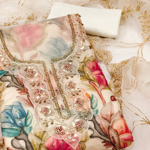 Offwhite Bloom Charm With Floral Print & Delicate Sequins & Moti Handwork Dress Material