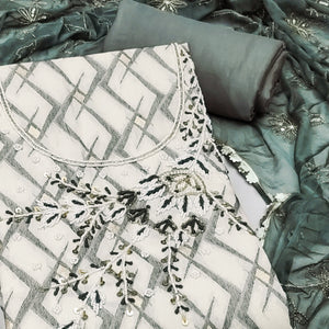 Dusty Sea Green Woven Banarasi Silk Dress Material With Intricate Moti & Sequins Handwork