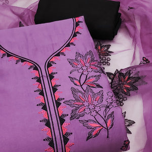 Orchid Purple Cotton Silk Dress Material With Intricate Floral Thread Embroidery