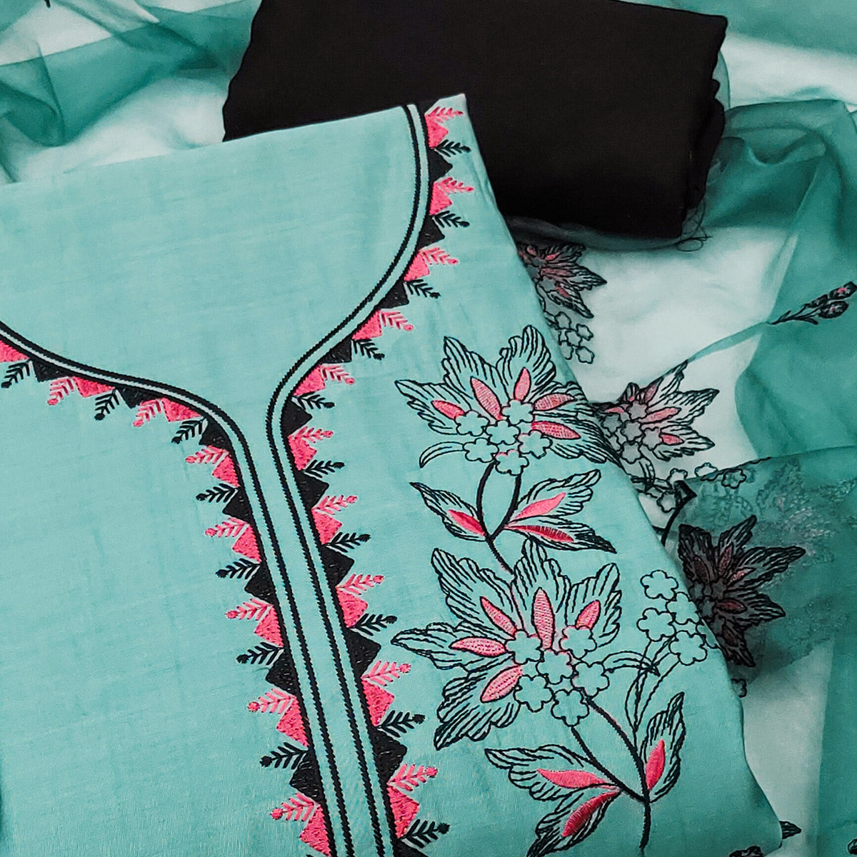 Turquoise Cotton Silk Dress Material With Intricate Floral Thread Embroidery