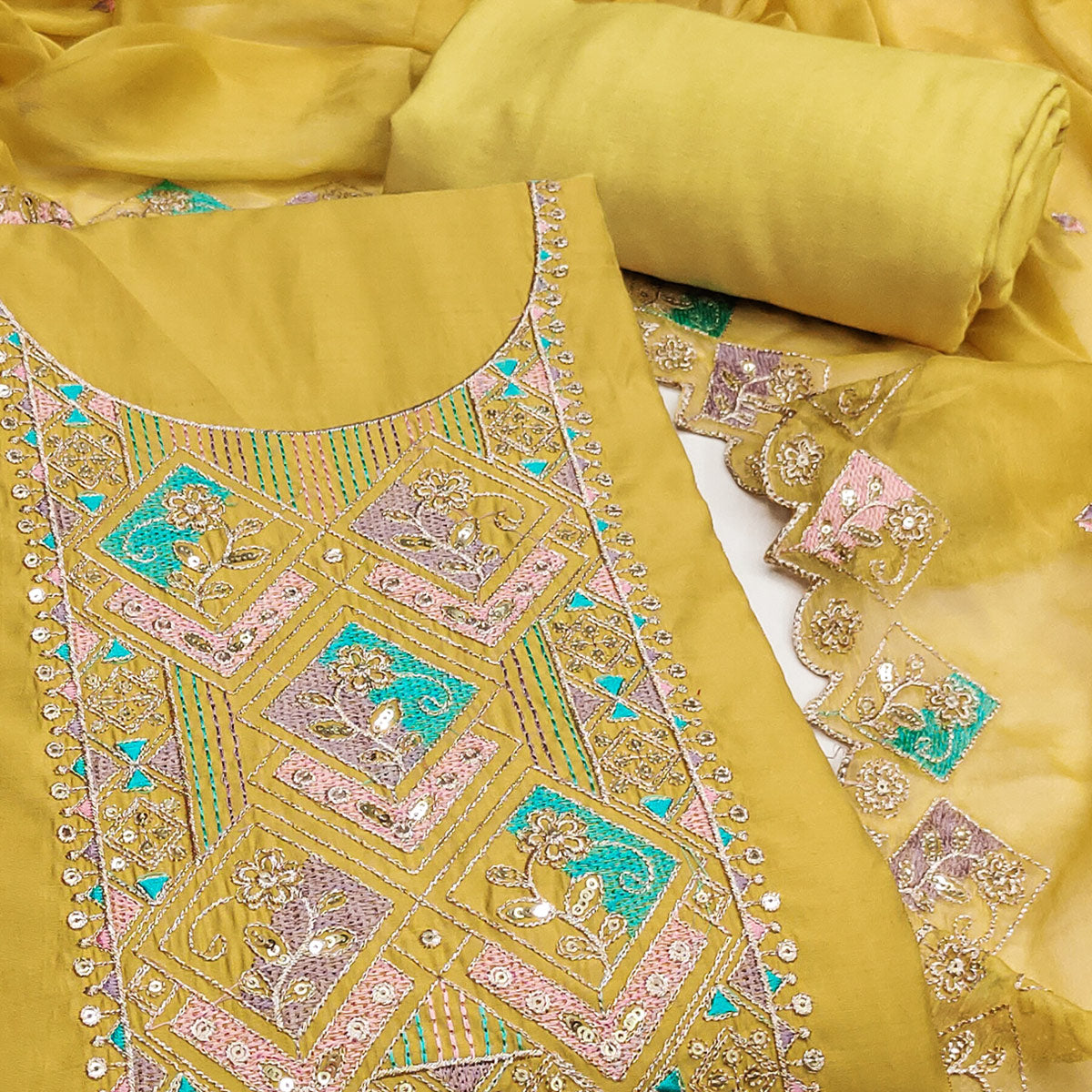 Mustard Floral Embroidered Cotton Silk Dress Material With Glimmering Sequins Work