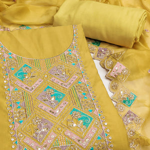 Mustard Floral Embroidered Cotton Silk Dress Material With Glimmering Sequins Work