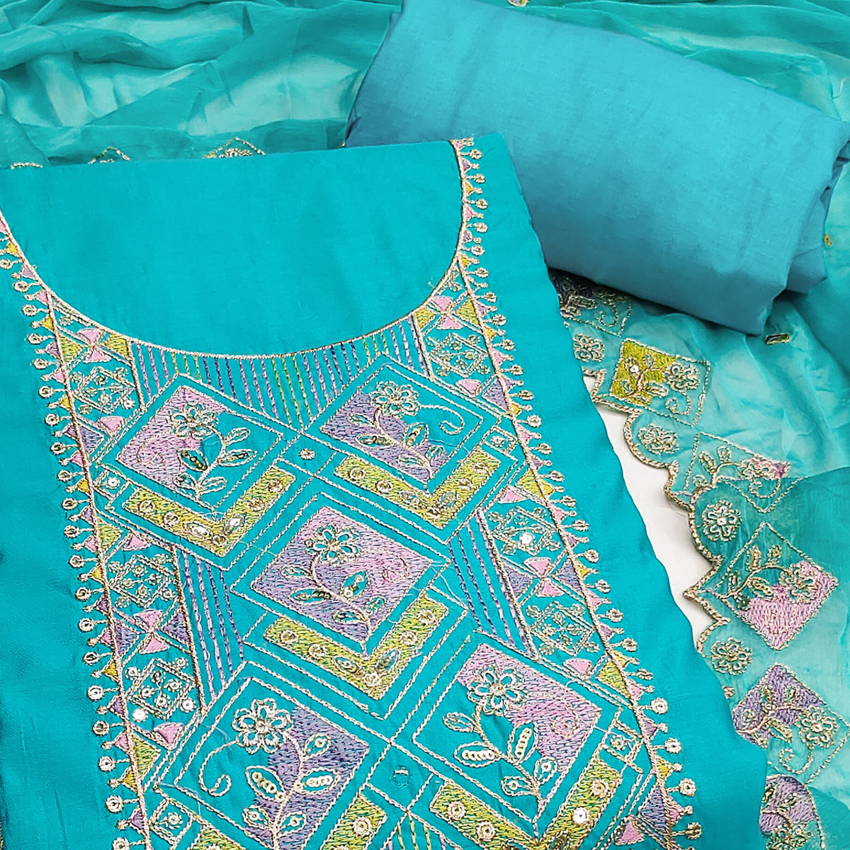 Turquoise Floral Embroidered Cotton Silk Dress Material With Glimmering Sequins Work