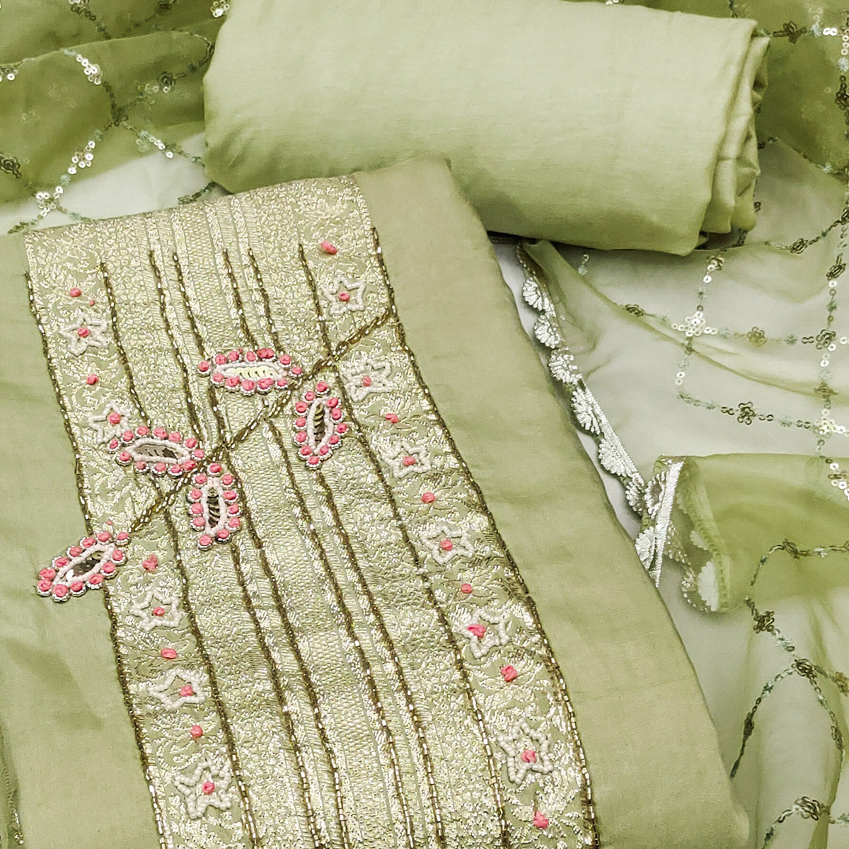 Green Woven With Intricate Moti Handwork Banarasi Cotton Dress Material