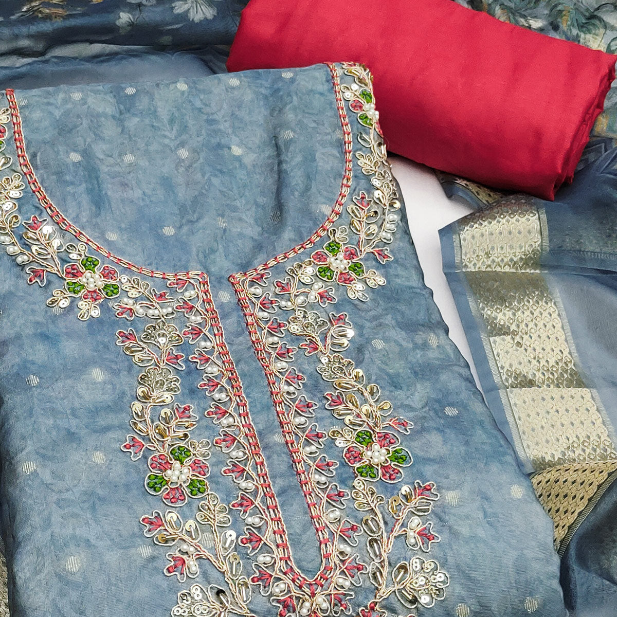 Blue Digital Printed Cotton Silk Dress Material With Intricate Moti & Sequins Handwork