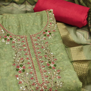 Green Digital Printed Cotton Silk Dress Material With Intricate Moti & Sequins Handwork