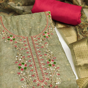 Olive Digital Printed Cotton Silk Dress Material With Intricate Moti & Sequins Handwork