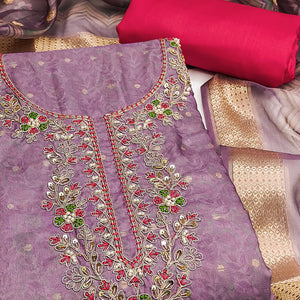 Purple Digital Printed Cotton Silk Dress Material With Intricate Moti & Sequins Handwork