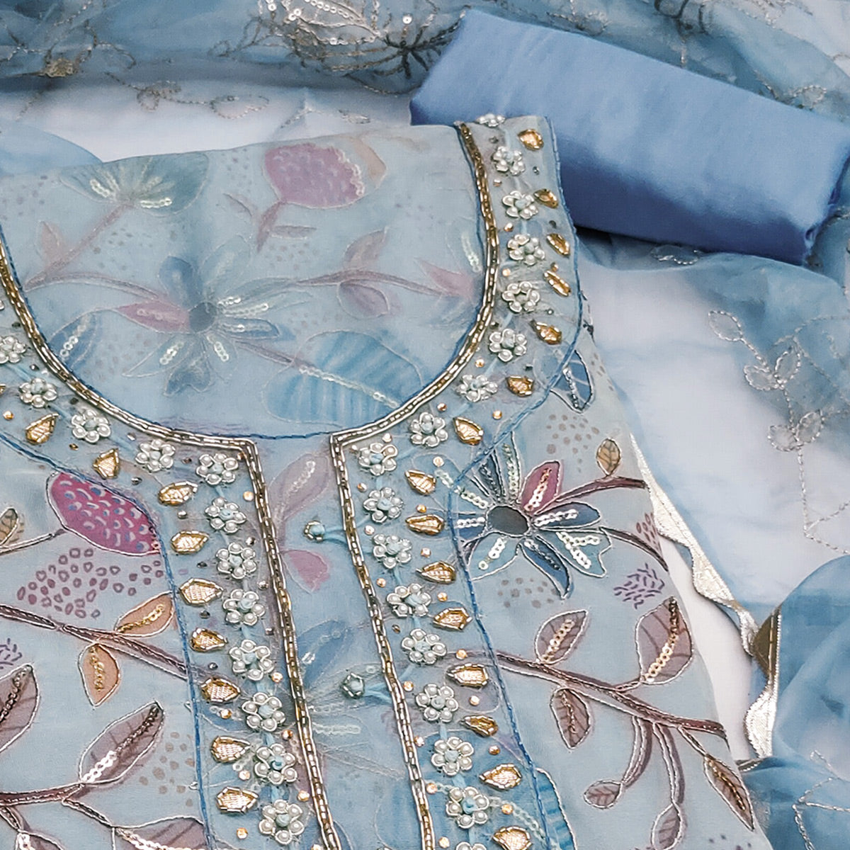 Blue Floral Elegance Dress Material With Handwork & Sequins On Organza