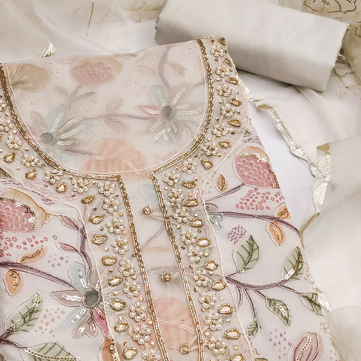 Cream Floral Elegance Dress Material With Handwork & Sequins On Organza