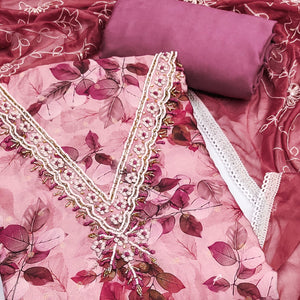 Peach Banarasi Silk Dress Material With Digital Print & Moti Handwork