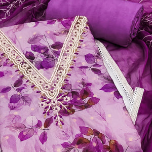 Purple Banarasi Silk Dress Material With Digital Print & Moti Handwork