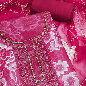 Pink Delicate Floral Sequins & Hand Embellishments On Flowing Organza Dress Material