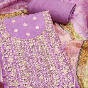 Lavender Woven Banarasi Cotton Silk Dress Material Accented With Sequins Embroidery