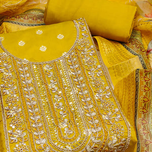 Mustard Woven Banarasi Cotton Silk Dress Material Accented With Sequins Embroidery