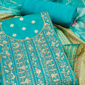 Turquoise Woven Banarasi Cotton Silk Dress Material Accented With Sequins Embroidery