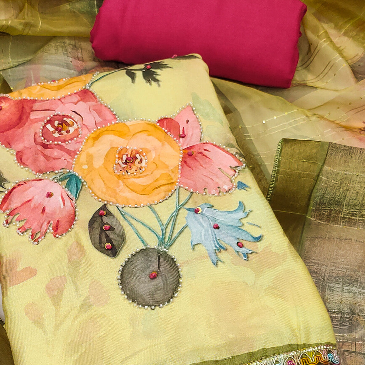 Lemon Yellow Pure Cotton Dress Material With Floral Digital Print & Fine Handwork