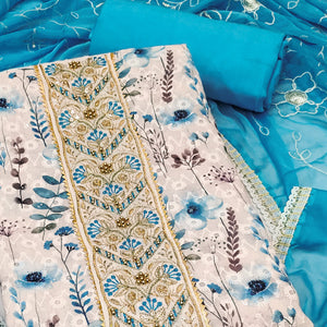 Blue Pure Cotton Dress Material With Digital Florals & Handcrafted Sequins Embroidery