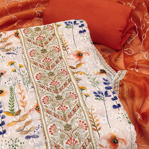 Orange Pure Cotton Dress Material With Digital Florals & Handcrafted Sequins Embroidery