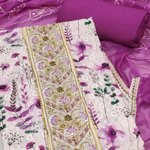 Purple Pure Cotton Dress Material With Digital Florals & Handcrafted Sequins Embroidery