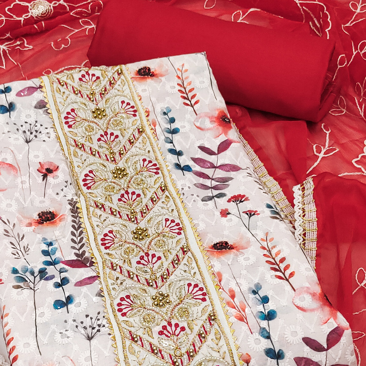 Red Pure Cotton Dress Material With Digital Florals & Handcrafted Sequins Embroidery