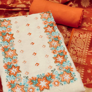 Floral Sequins Embroidered Cream & Orange Pure Cotton Dress Material With Delicate Handwork