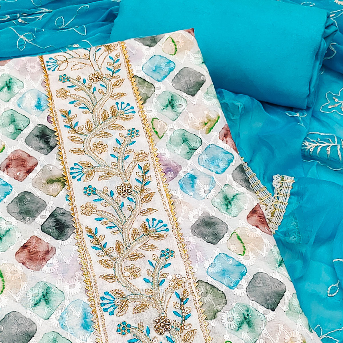 Blue Digital Printed With Sequins Embroidery & Handwork Pure Cotton Dress Material