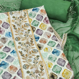Green Digital Printed With Sequins Embroidery & Handwork Pure Cotton Dress Material