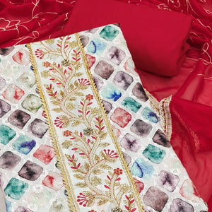 Red Digital Printed With Sequins Embroidery & Handwork Pure Cotton Dress Material