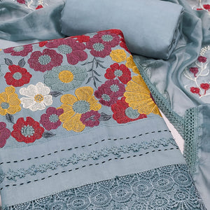 Grey Roman Cotton Silk Dress Material Adorned With Elegant Floral Thread Embroidered Work