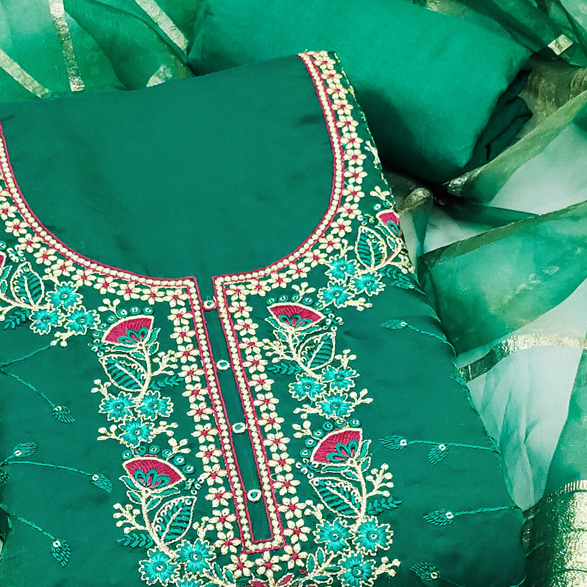 Green Georgette Silk Dress Material Beautified With Floral Sequins Embroidery