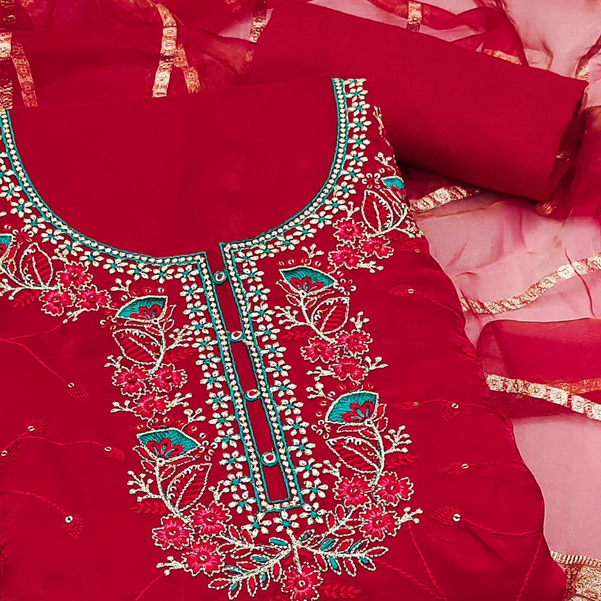 Red Georgette Silk Dress Material Beautified With Floral Sequins Embroidery