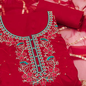 Red Georgette Silk Dress Material Beautified With Floral Sequins Embroidery