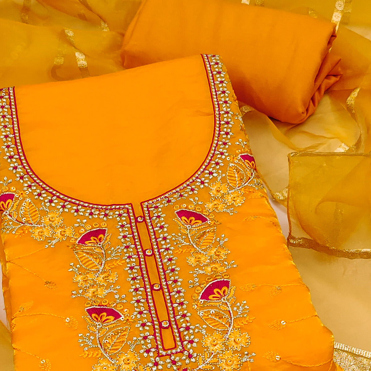 Yellow Georgette Silk Dress Material Beautified With Floral Sequins Embroidery
