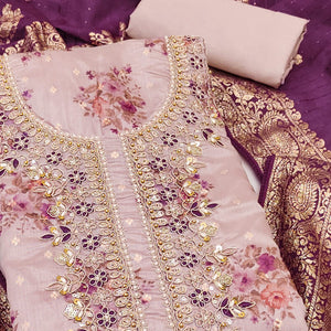 Dusty Mauve Chanderi Silk Dress Material Adorned With Floral Sequins Embroidery & Moti Handwork