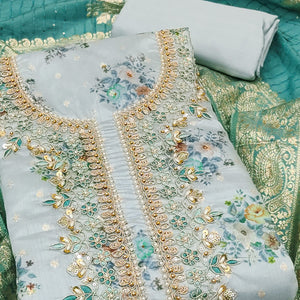 Grey Chanderi Silk Dress Material Adorned With Floral Sequins Embroidery & Delicate Moti Handwork