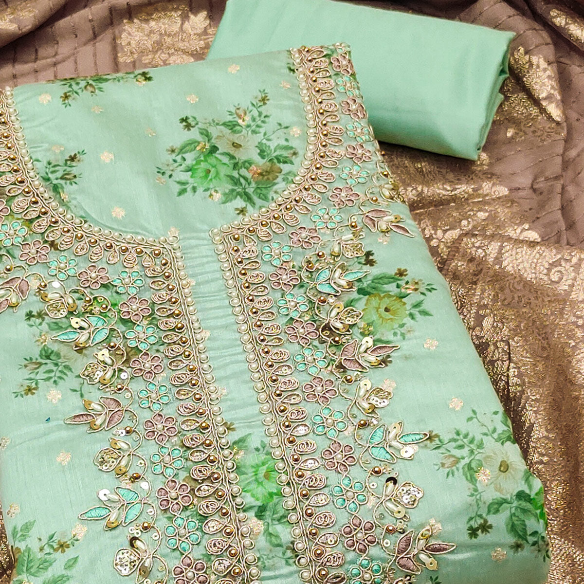 Sea Green Chanderi Silk Dress Material Adorned With Floral Sequins Embroidery & Moti Handwork
