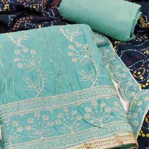 Turquoise Cotton Silk Dress Material Embellished With Elegant Floral Hand Embroidery Work