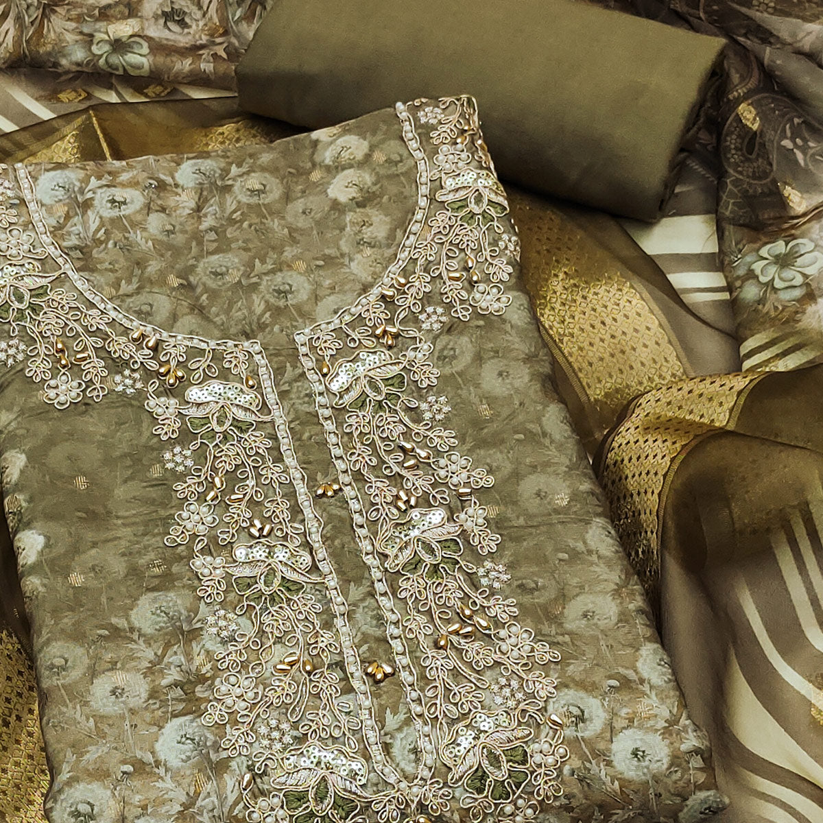 Mehendi Green Banarasi Cotton Blend Dress Material With Floral Digital Print & Moti Handwork