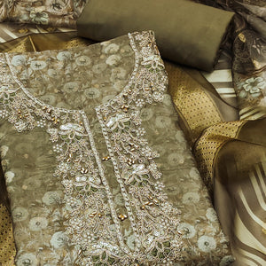 Mehendi Green Banarasi Cotton Blend Dress Material With Floral Digital Print & Moti Handwork