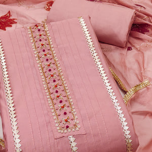 Peach Cotton Silk Dress Material Embellished With Elegant Moti Handwork & Delicate Gota Patti Lace
