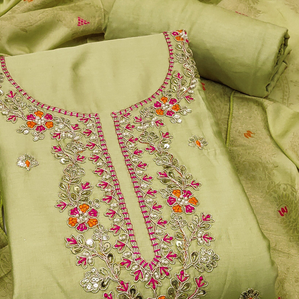 Green Pure Cotton Dress Material Featuring Floral Sequins Cording Embroidery With Moti Handwork